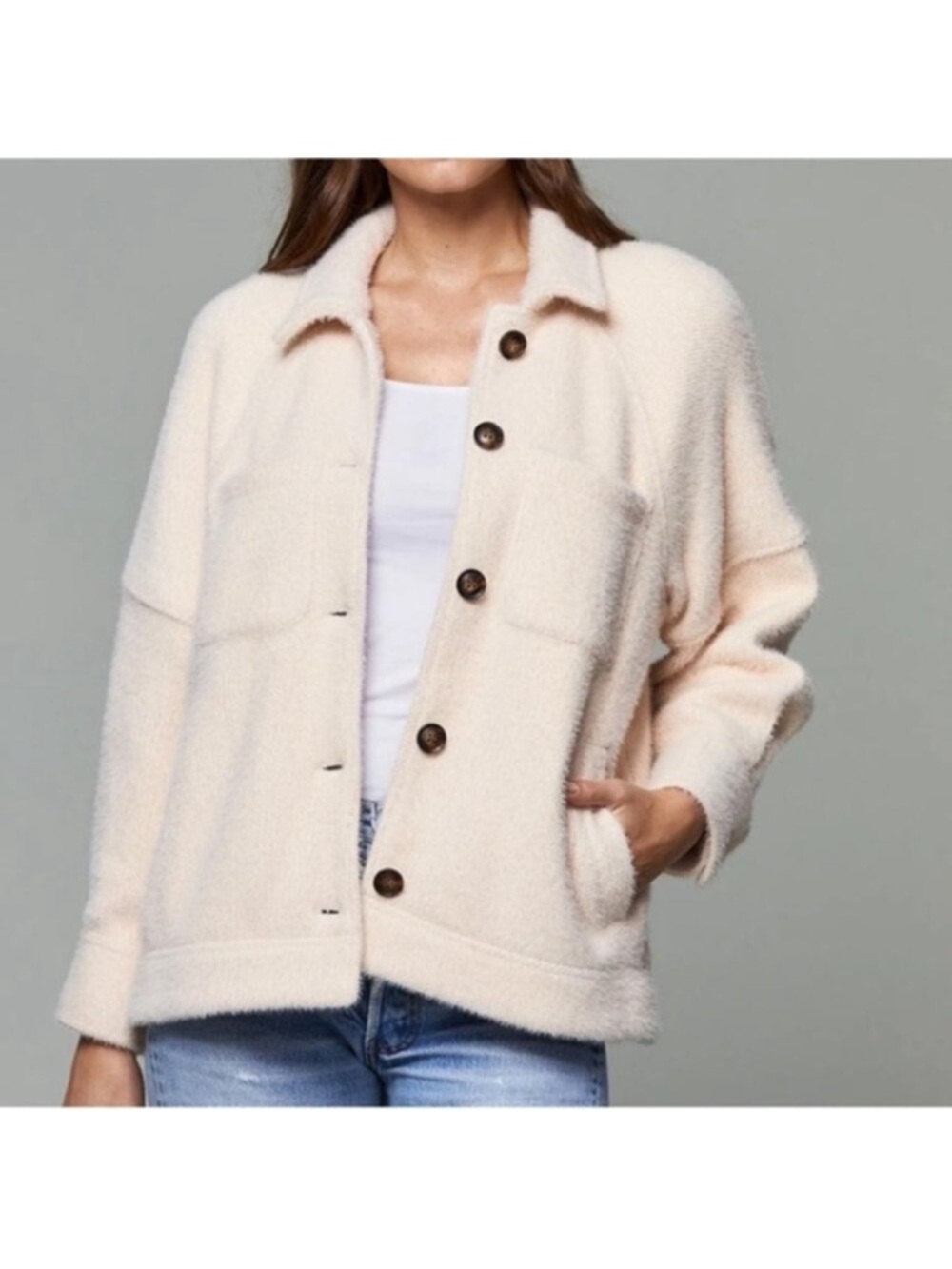 Greylin Anthropologie Charley Button-Front Cozy Shacket in Pale Pink/Cream